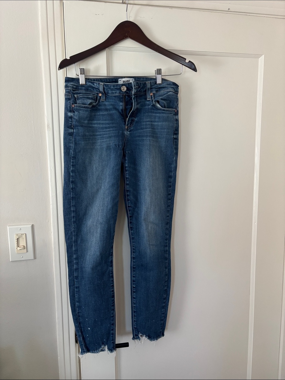 PAIGE Dark Wash Cropped Skinny Jeans with Raw Hem